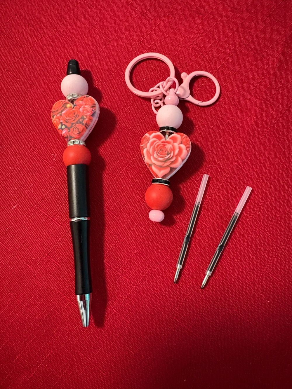 Heart Floral Red Pink Beaded Keychain Pen Set 2 Interchangeable tops
